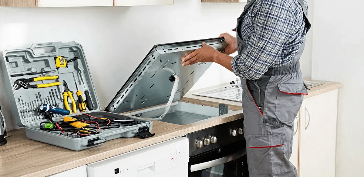 Handyman repairing a cooktop and checking wiring connections in Nashua, NH